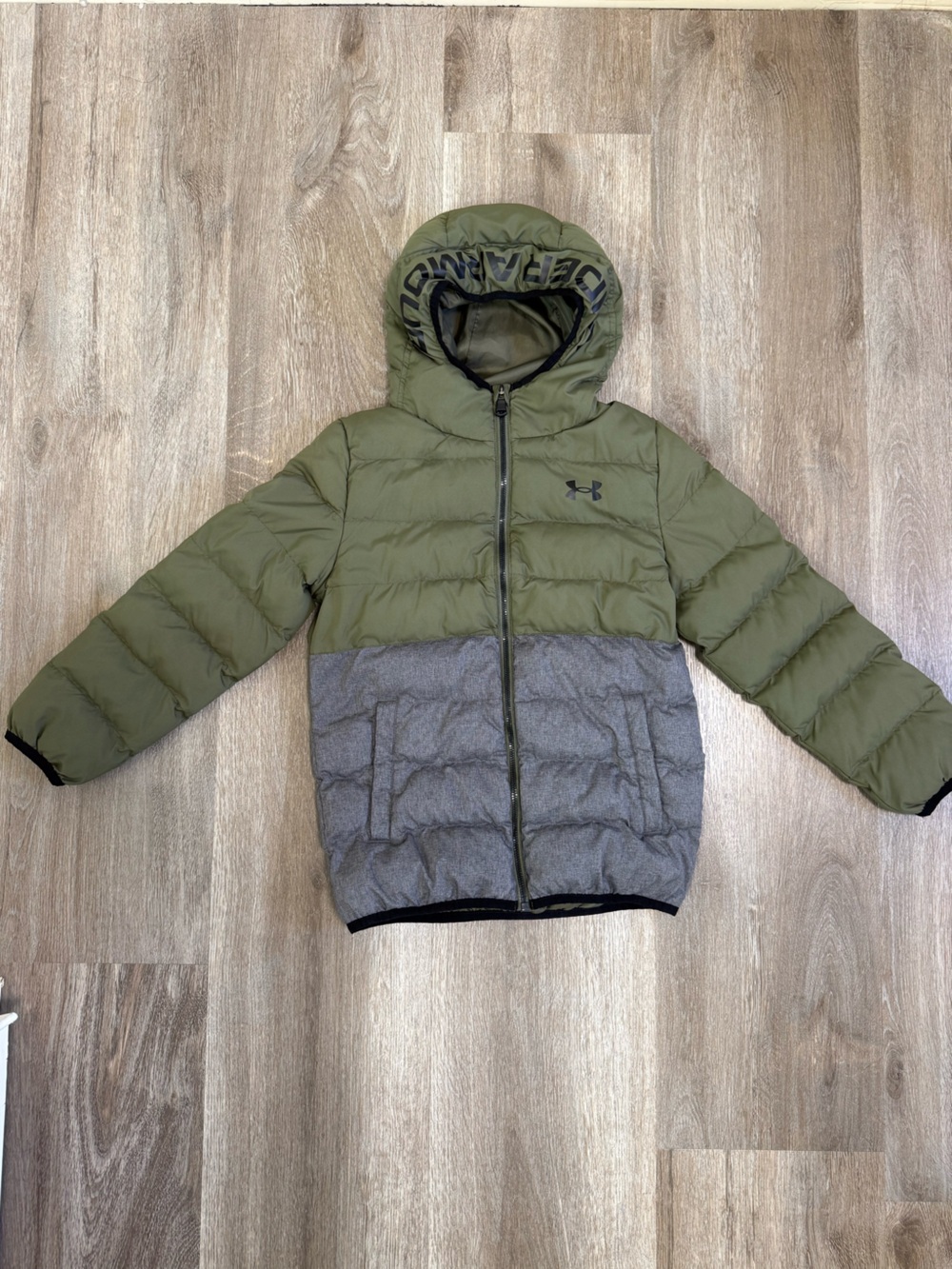 Under Armour Olive Green and Gray Kids' Puffer Jacket with Hood